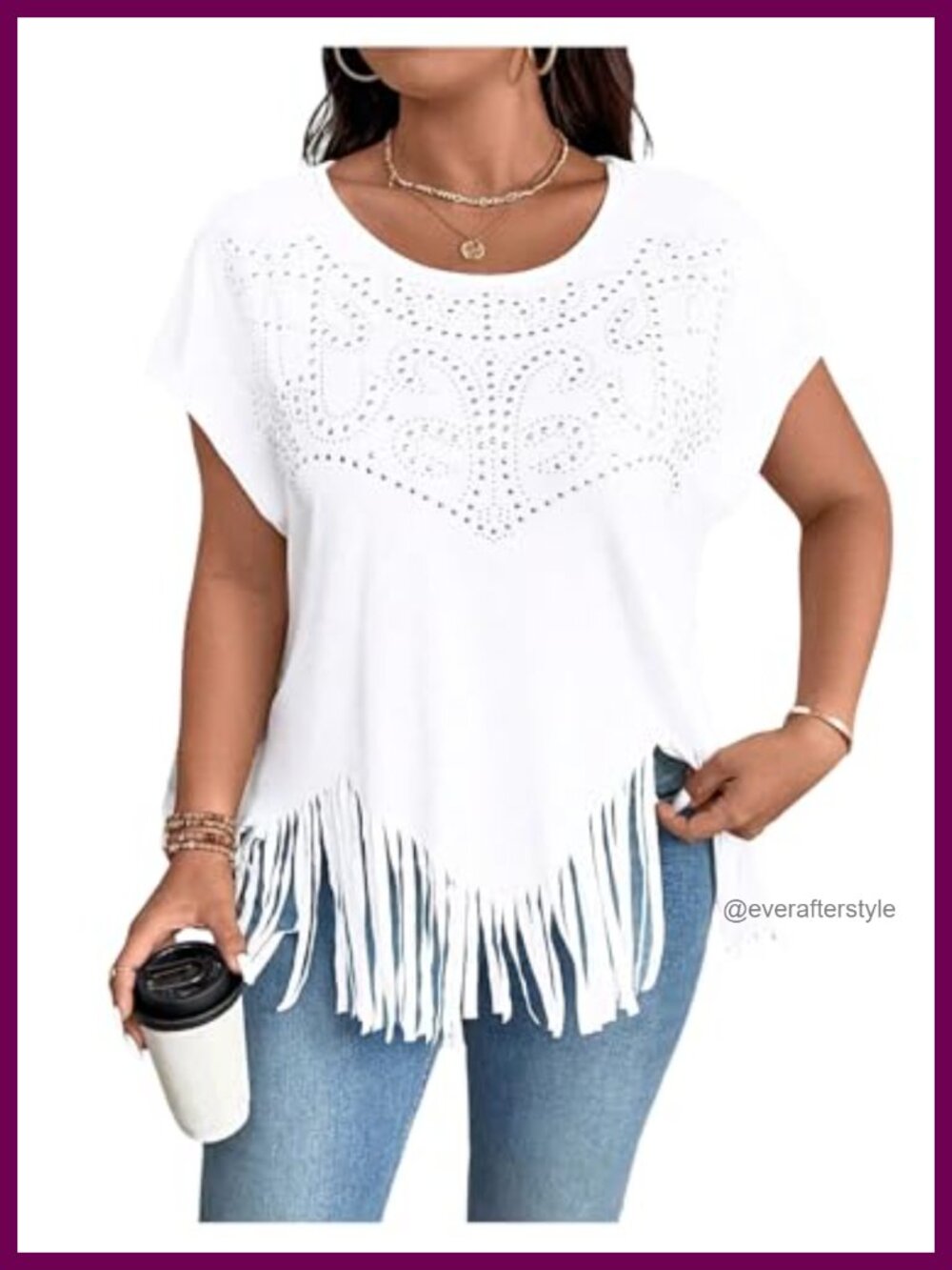 Plus Size Fringe Rhinestone Western Studded Short Sleeve Blouse Tassel Hem